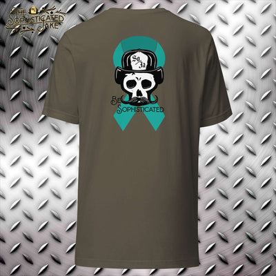 the Sophisticated Jake Skully logo, a skull with fire helmet and moustache, with a teal ribbon behind it for solidarity with mental health and PTSD awareness and caption of
