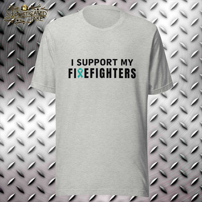 Grey t-shirt with design in the center of the chest reading,