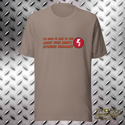 tan t-shirt with a graphic of an AED shock button and text that reads,