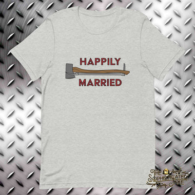 grey t-shirt with design centered on the chest of the flathead axe and halligan bar married together for carrying and the text,