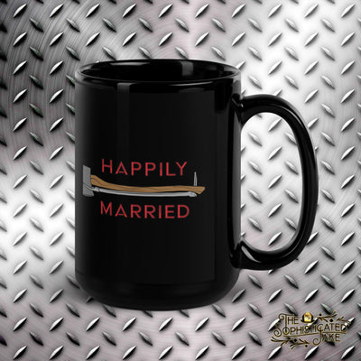 Black coffee mug with the text,