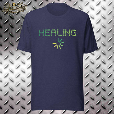 Navy t-shirt with design in the center of the chest.  In green and yellow there is the pixelated text