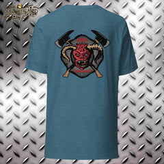 T-shirt with a gray maltese cross with crossed axes and an image of a horned demon with the caption, "Fight your demons".  There is a small teal PTSD awareness ribbon at the bottom of the maltese cross.