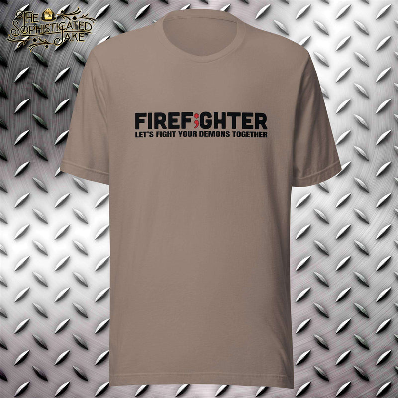 Tan t-shirt with the text, 