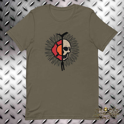 Army colored t-shirt with a design on the chest of a halligan bar down the middle and a black sunburst in a circle around the outside.  The main graphic has half of a red maltese cross on one side and half of a skull on the other.