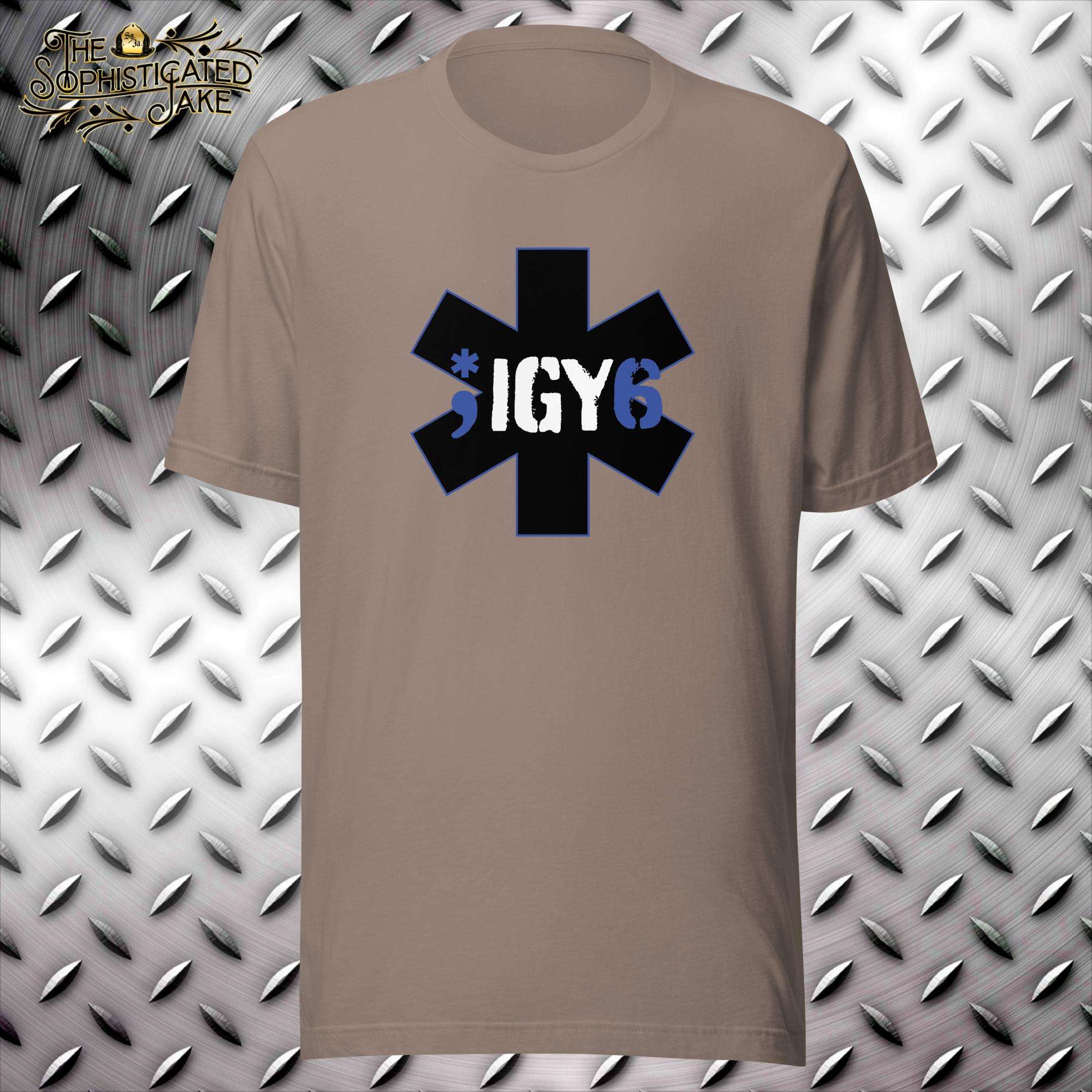 Tan t-shirt with the medical star of life, six pronged star, in the center of the chest.  The text across the middle reads, IGY6 with a blue semicolon incorporating the star of life into it.