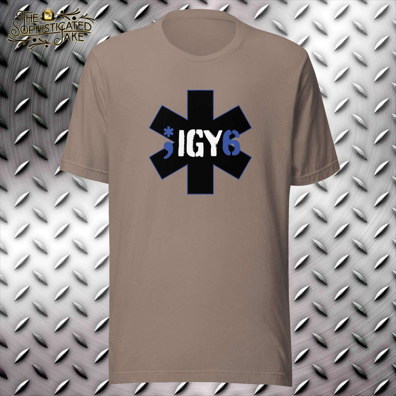 Tan t-shirt with the medical star of life, six pronged star, in the center of the chest.  The text across the middle reads, IGY6 with a blue semicolon incorporating the star of life into it.