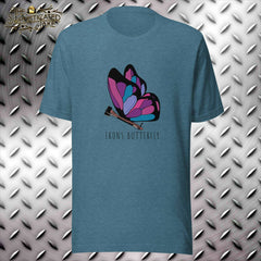 Teal t-shirt with design on the center of the chest.  Design shows a blue, pink and purple butterfly with a set of firefighter irons, axe and halligan bar, as the body.  The text below it reads, "Irons Butterfly".