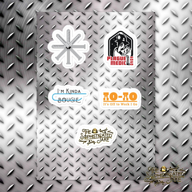 Sticker sheet with diamond plate as the background and kiss cut stickers in the foreground.  There are 5 sticker designs.  The six pronged star of life comprised of 10ml syringes, the plague medic image of a plague doctor mask with a fire helmet reading 