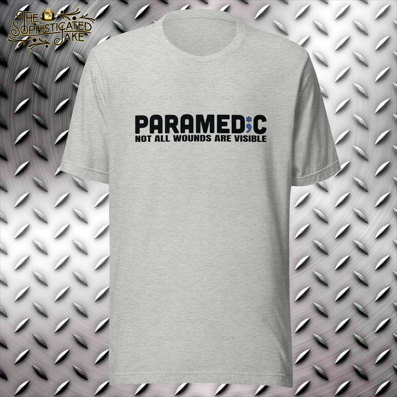 grey t-shirt with graphic in the center of the chest.  Text reads, 