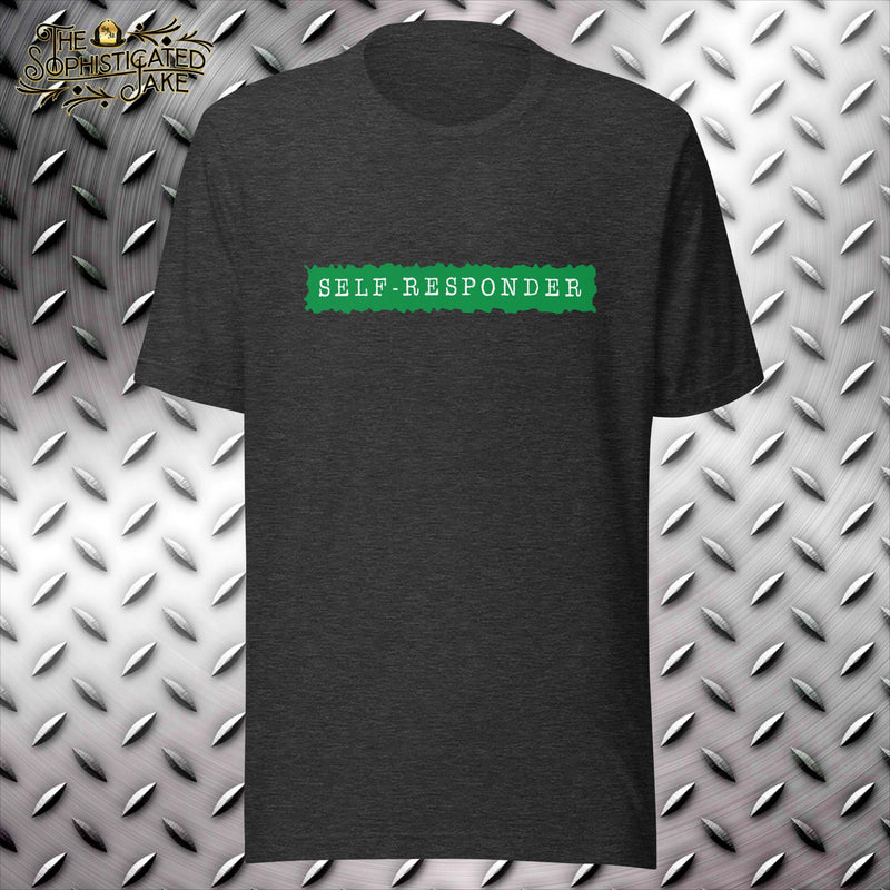 Dark grey t-shirt with graphic in the center of the chest.  Graphic is a green splat with the white text, 