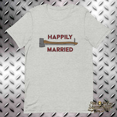 grey t-shirt with design centered on the chest of the flathead axe and halligan bar married together for carrying and the text, "Happily Married" surrounding them.