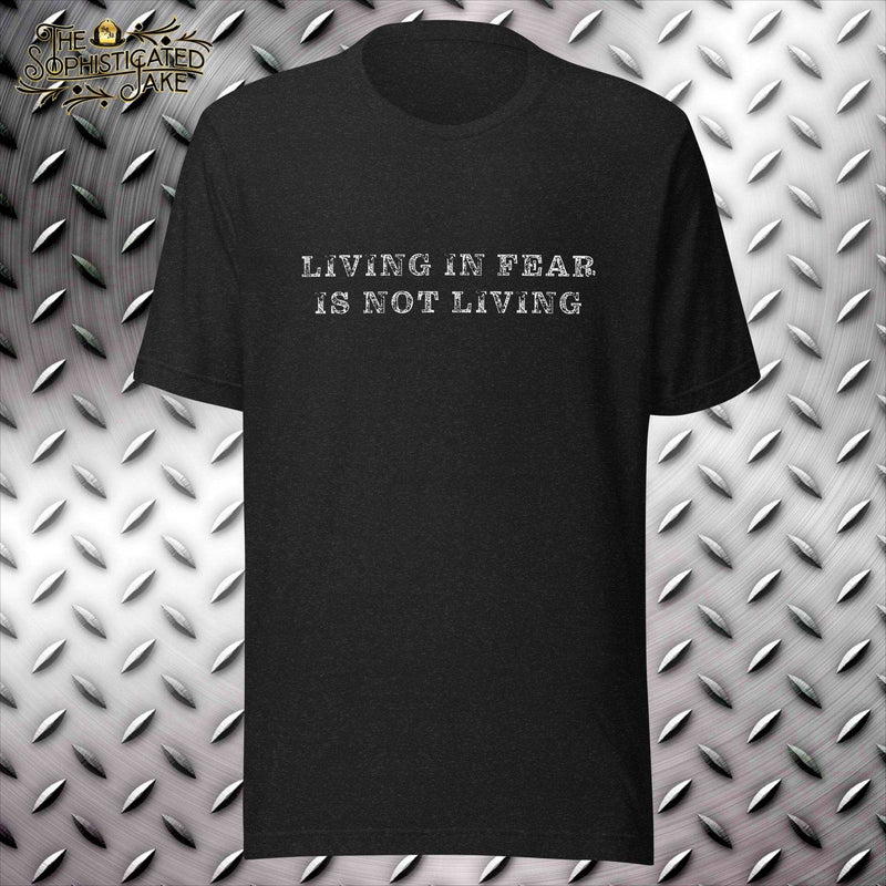 Black t-shirt with text in the center of the chest.  Text is distressed and reads, 