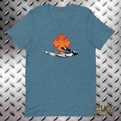 Teal t-shirt with design in the center of the chest.  Design includes a red and orange melting firefighter maltese cross and a skeleton hand catching the drippings.