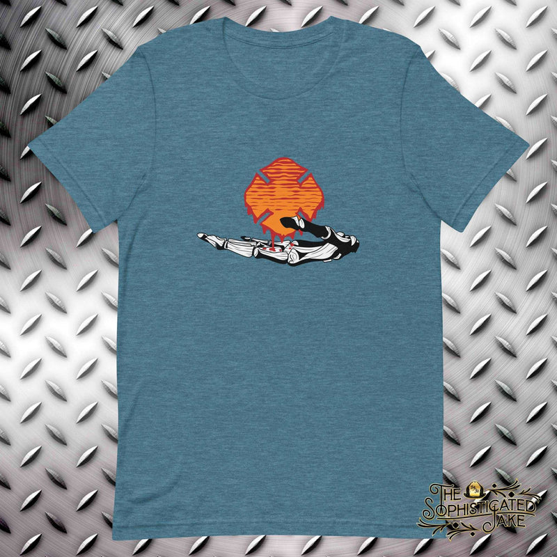 Teal t-shirt with design in the center of the chest.  Design includes a red and orange melting firefighter maltese cross and a skeleton hand catching the drippings.