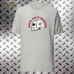 Grey t-shirt with design in the center of the chest.  Text reads, "Mental health awareness" in red.  Below the text is a picture of a cracked skull with bandaids holding it together.