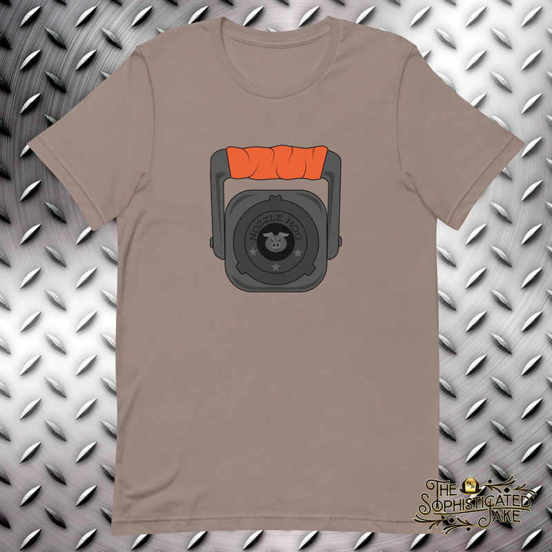 Tan t-shirt with a grey smooth bore nozzle with orange grip pointed at you.  On the outer rim of the nozzle is the text, 
