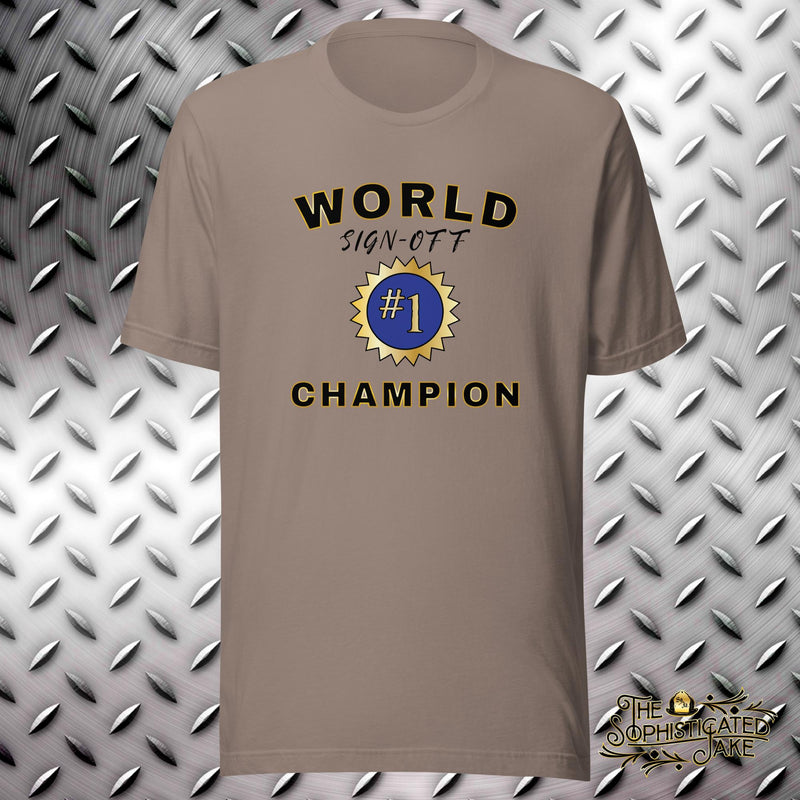 Tan t-shirt with graphic in the center of the chest.  Graphic reads, 